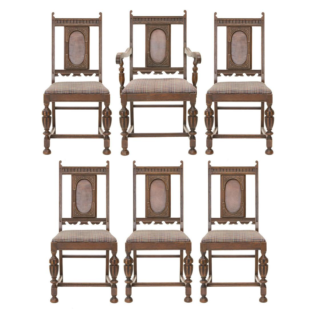 Antique Jacobean Oak Dining Chairs, One Arm and Five Sides (1 of 9)