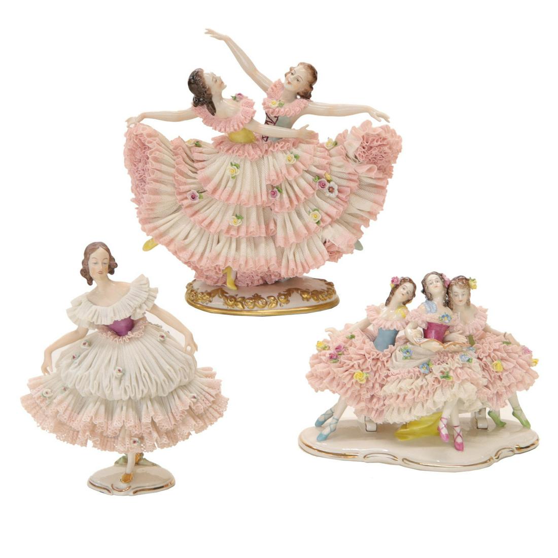 German Porcelain Figurines with Ruffled Filigree Dresses (1 of 9)