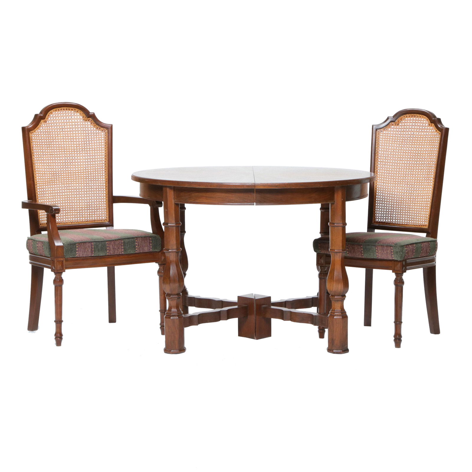 Vintage Walnut Circular Dining Table with Set of Six Cane Back Chairs with Upholstered Seats (1 of 9)