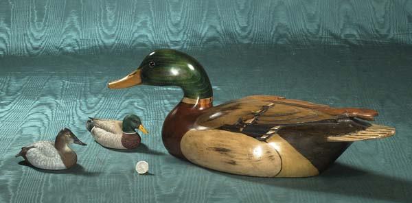 Tom Taber" wooden duck decoy and two small "Kling: Tom Taber" wooden duck decoy and two small "Kling" decoys, three pieces