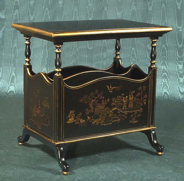 Fine black lacquered hand painted table fitted wi: Fine black lacquered hand painted table fitted with Canterbury below on splayed feet, 21" wide, 14" deep, 20-1/2" high