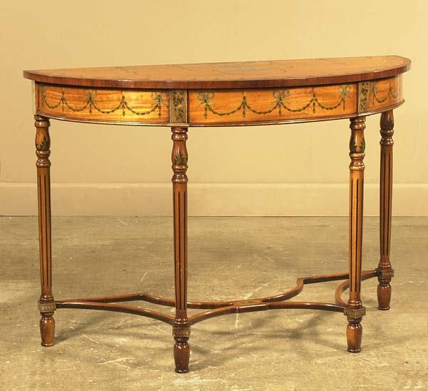 Pair of exceptional English satinwood hand painte: Pair of exceptional English satinwood hand painted demilune console tables having reeded legs joined by stretcher base, 45" wide, 19" deep, 30-1/2" high