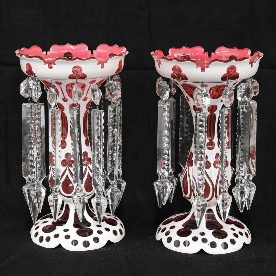 Vintage Bohemian Cranberry Cut Overlay Lusters, Pair: Vintage Bohemian Cranberry Cut Overlay Hand Enameled Mantle Lusters, Pair, with Cut Crystal Prisms. 11.5" High. As Found (One Prism Missing)