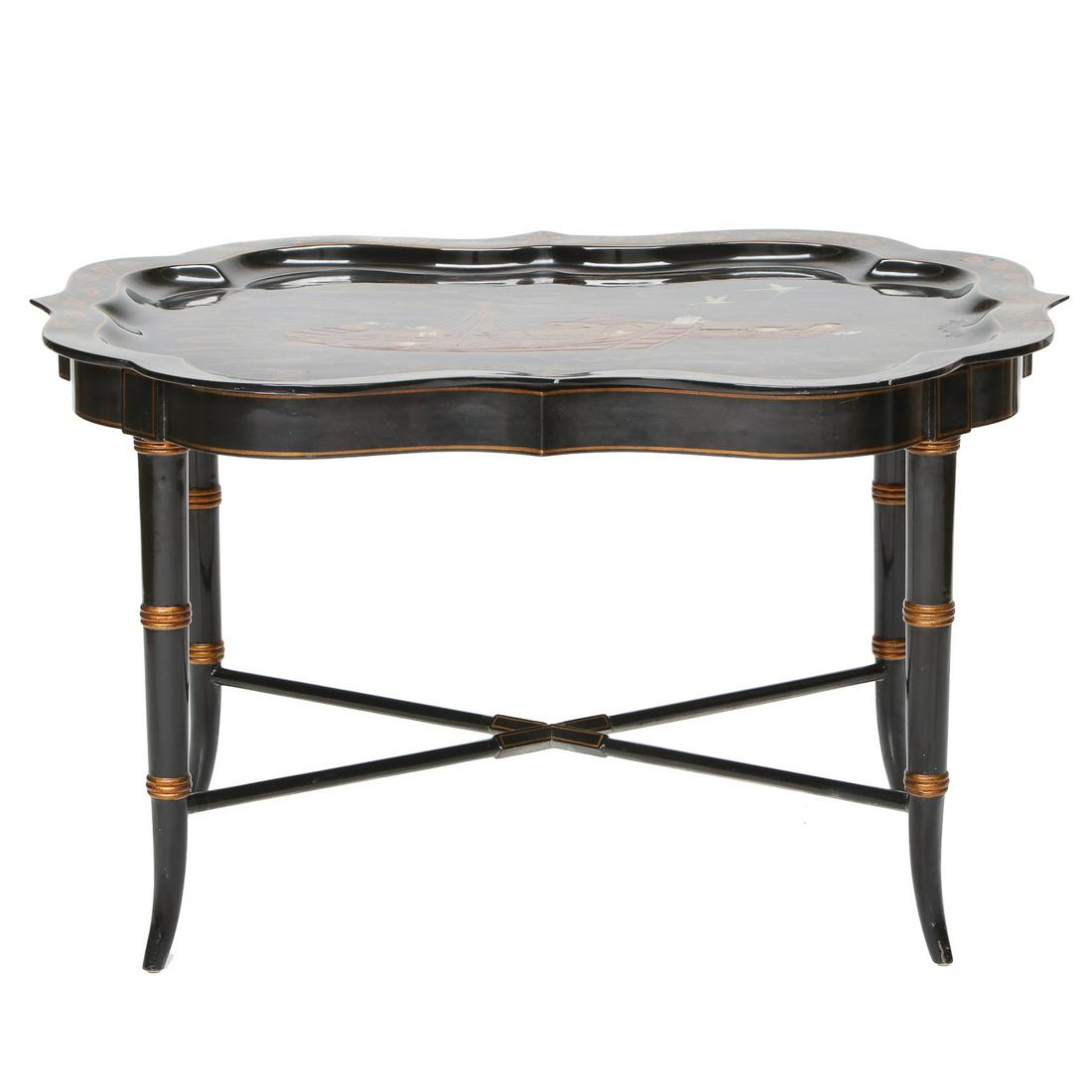 Vintage Black Chinoiserie Lacquered Shaped Top Coffee Table