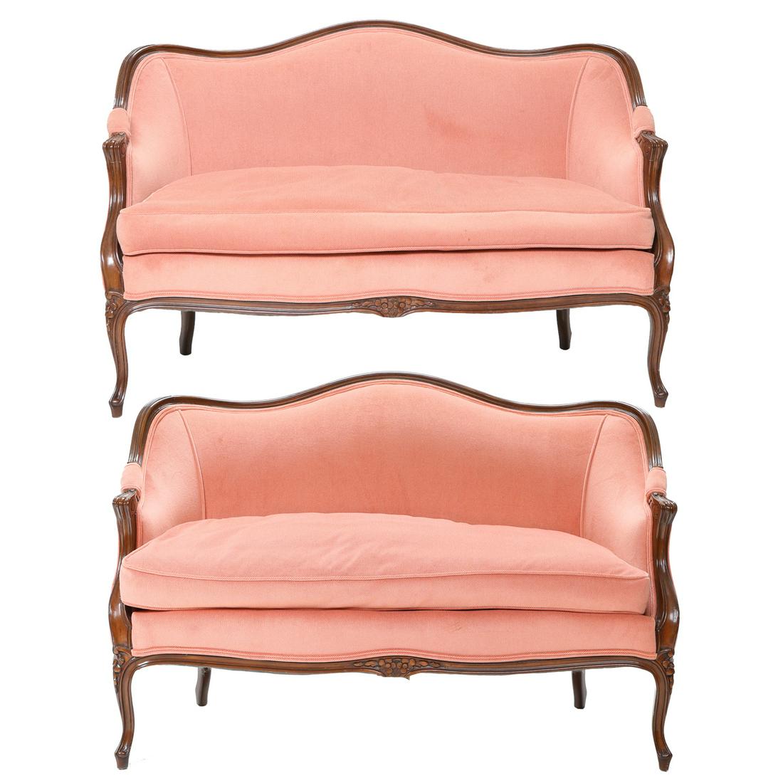 Karges Mahogany French Style Upholstered Canapes: Karges Mahogany French Style Upholstered Canapes, Pair, with Arched Backs and Floral Carved Aprons on Cabriole Legs with Floral Carved Knees. 51" Wide, 28" Deep, 33.5" High