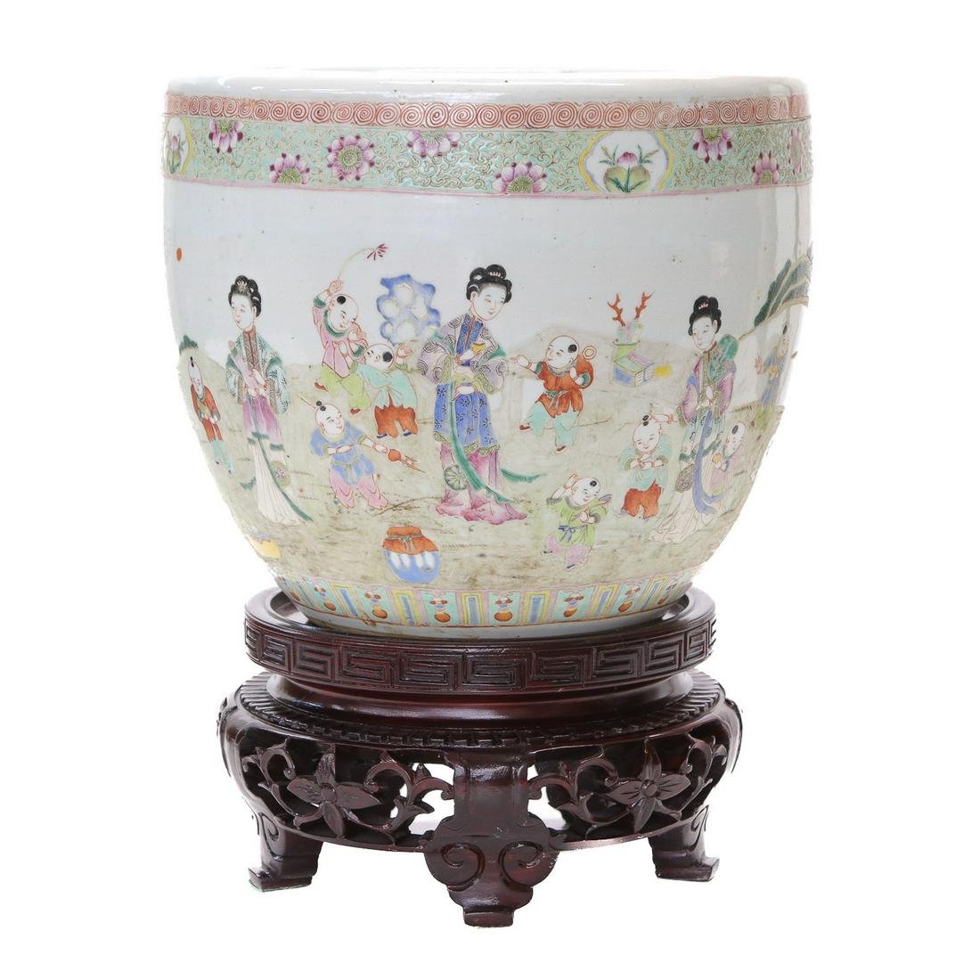 Vintage Oriental Porcelain Planter on Carved Wooden Stand (1 of 5)