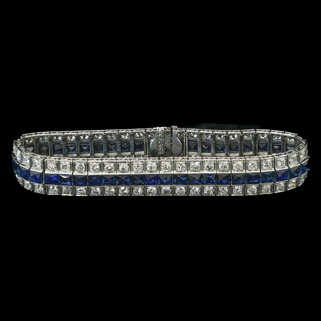 7.25" Art Deco Platinum Sapphire and Diamond Bracelet: 7.25" Art Deco Platinum Sapphire and Diamond Bracelet, Consisting of 46 French Cut Blue Sapphires Weighing 11.00 Cts. and 92 Round Diamonds Weighing 9.25 Cts..