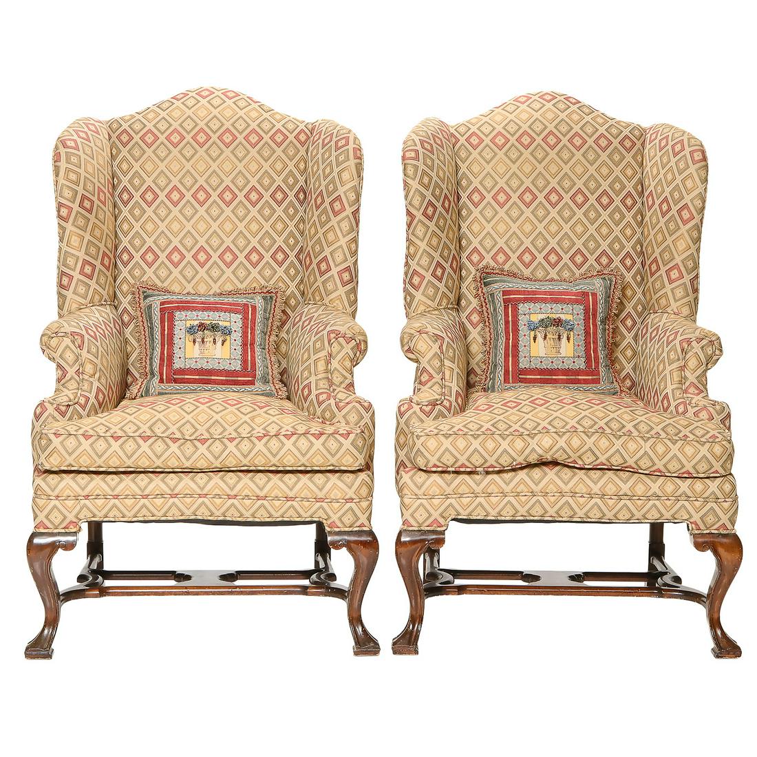 Vintage Wing Chairs with Diamond Shaped Upholstery: Vintage Wing Chairs with Diamond Shaped Upholstery, Pair, with Down Filled Seat and Cushion on Mahogany Finish Cabriole Legs Ending with Triffid Fat and X-Shaped Understretcher. 29" Wide, 23" Deep, 48
