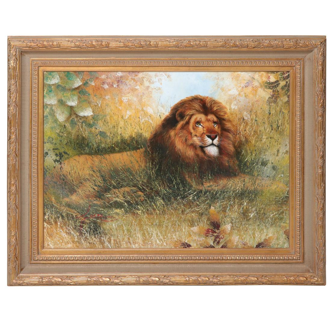 Lucre Chura (Peruvian, b. 1971), Oil on Canvas: Lucre Chura (Peruvian, b. 1971), Oil on Canvas, African Lion Lying Down in Field, Signed Lucre. Canvas Size: 30" High, 40" Wide