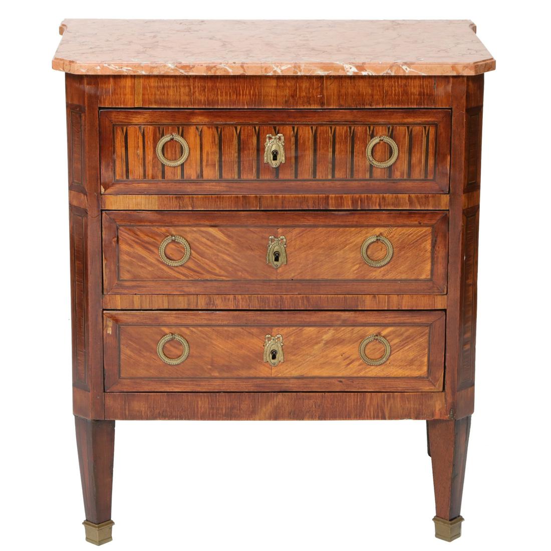 19th C. Kingwood Marble Top Multiple Wood Inlaid Chest: 19th C. Kingwood Marble Top Multiple Wood Inlaid Chest with Shaped Top, Three Drawers Having Satinwood Inlay, and Resting on Square Tapered Legs with Brass Caps, C. 1870. 28" Wide, 17.5" Deep, 31.5" H