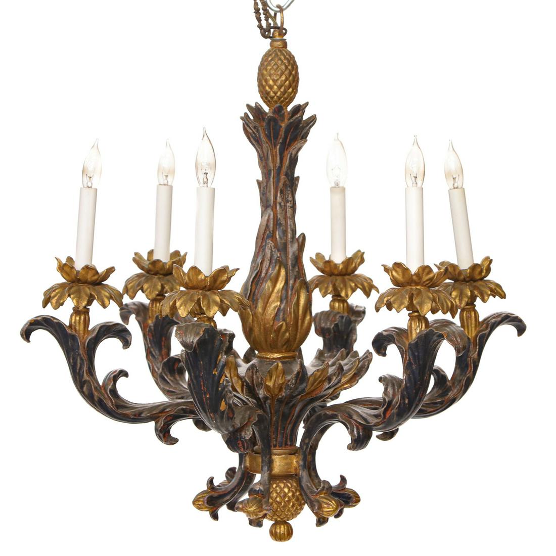 Vintage Italian Six Light Lacquered and Gilt Chandelier (1 of 3)