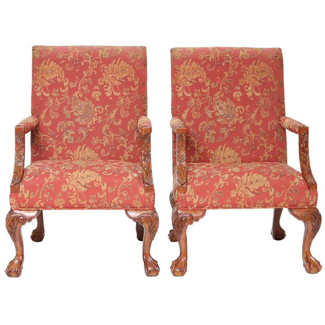 English Style Walnut Upholstered Library Chairs, Pair (1 of 6)
