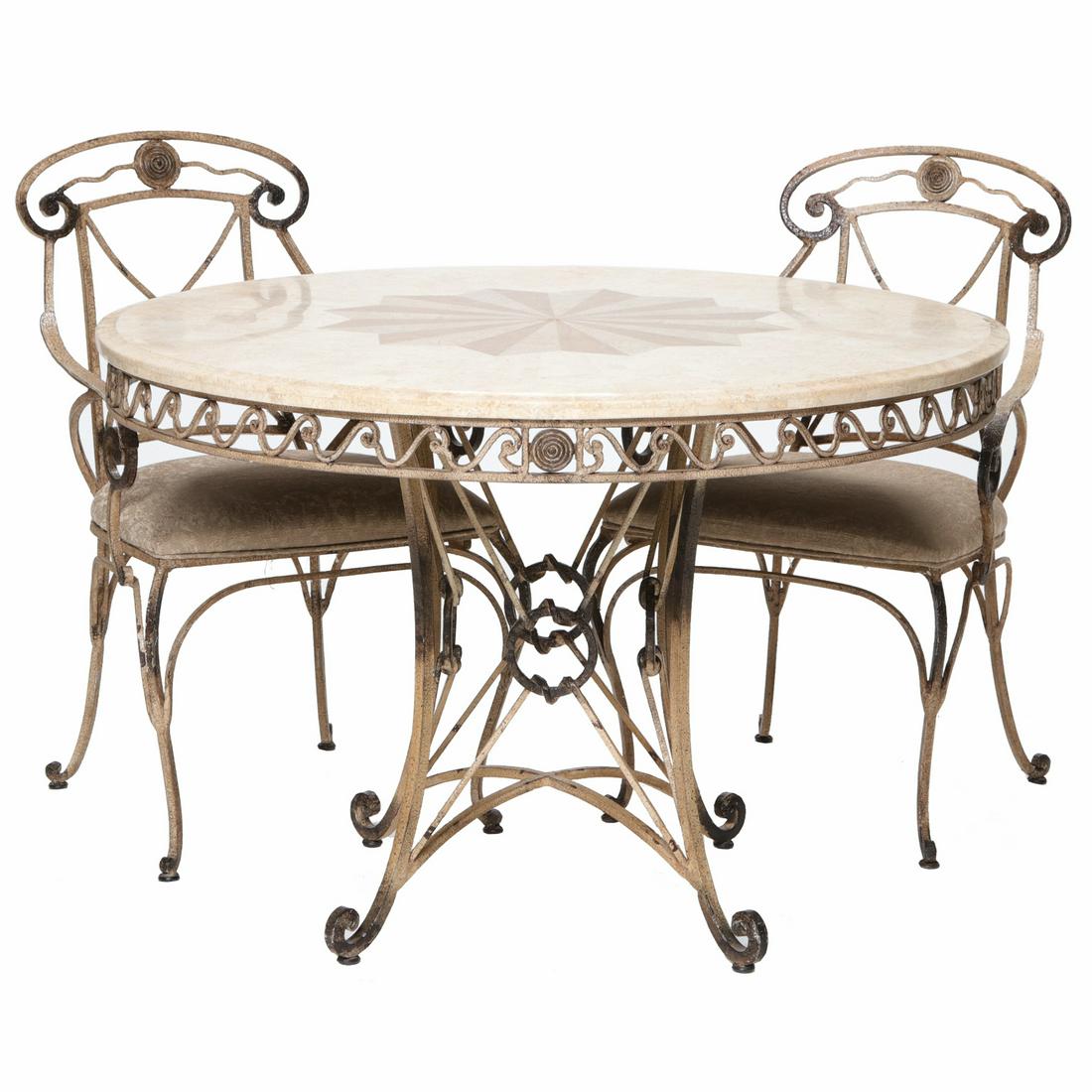 Thomasville Furniture Marble and Iron Breakfast Table and Chairs: Thomasville Furniture Marble and Iron Circular Breakfast Table with Six Matching Chairs, Seven Pieces, Table Has Marble Veneer Top with Center Medallion and Wave Style Apron on Scroll Legs, Chairs Hav