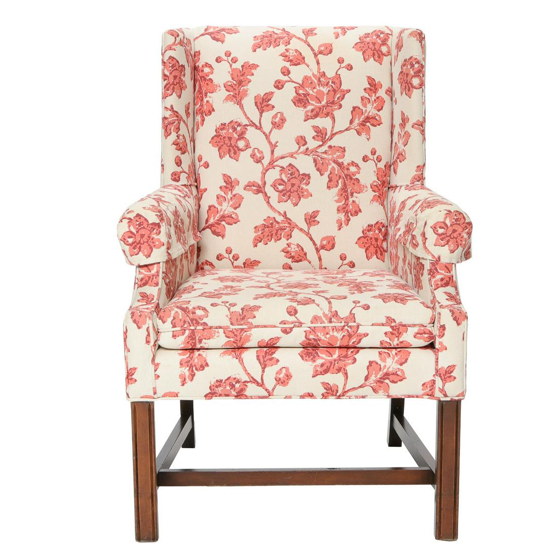 Vintage Mahogany Upholstered Wing Chair: Vintage Mahogany Upholstered Wing Chair with High Quality Fabric on Straight Legs with Understretcher. 27" Wide, 24" Deep, 37.5" High