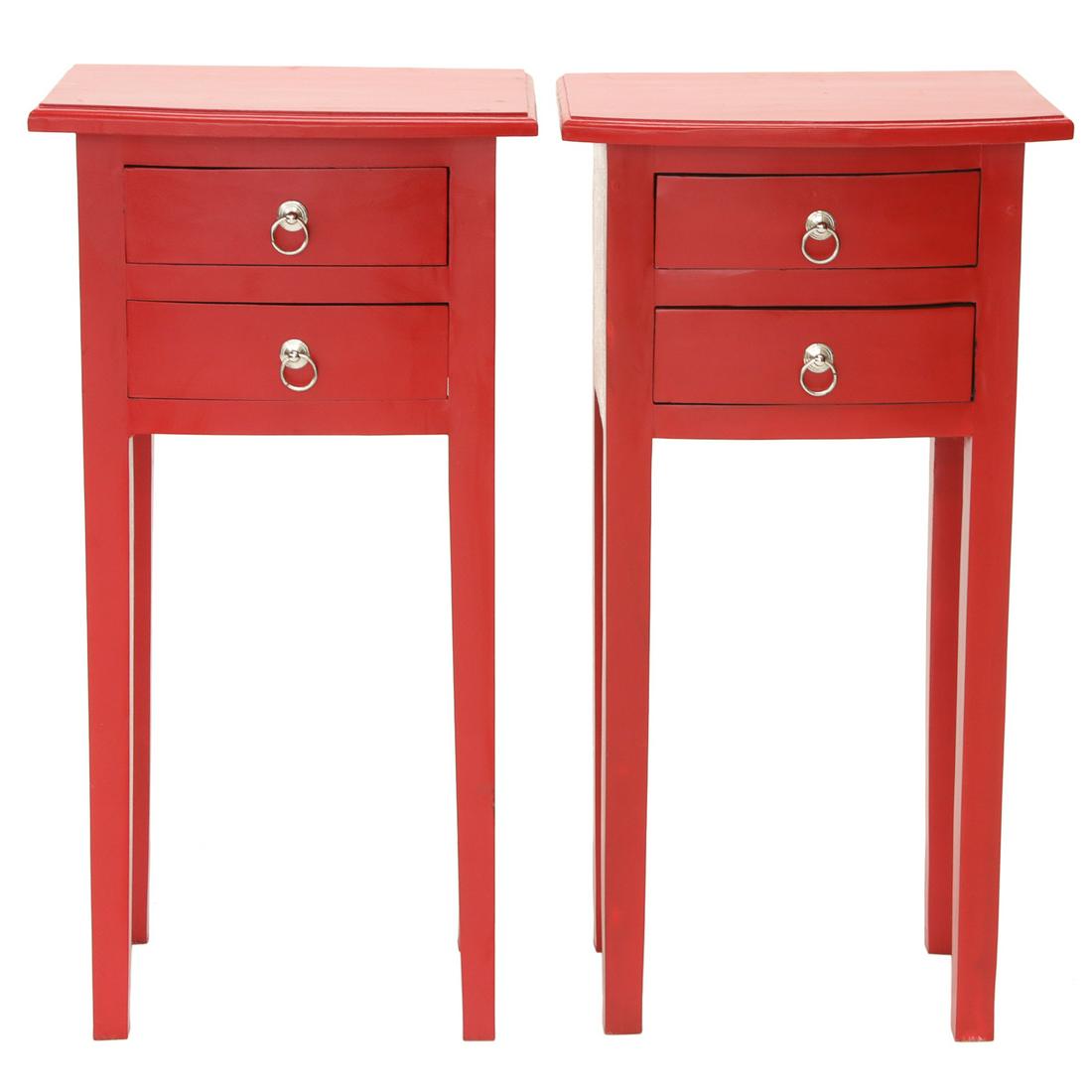 Red Lacquered Bedside Tables: Red Lacquered Bedside Tables with Two Drawers on Square Tapered Legs. 16" Wide, 11.5" Deep, 31.5" High
