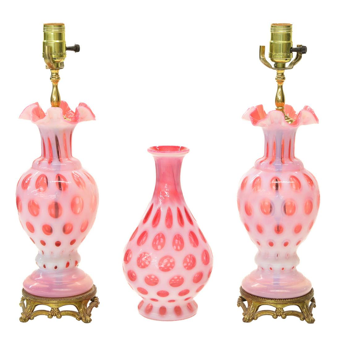 Pink and White Cased Glass Items, Three Pieces: Pink and White Cased Glass Items, Three Pieces, Includes a Pair of Lamps with Shaped Tops and Brass Filigree Bases (No Harps or Shades), and a Gourd Shaped Vase. Lamps: 12.5" High. Vase: 10" High. As
