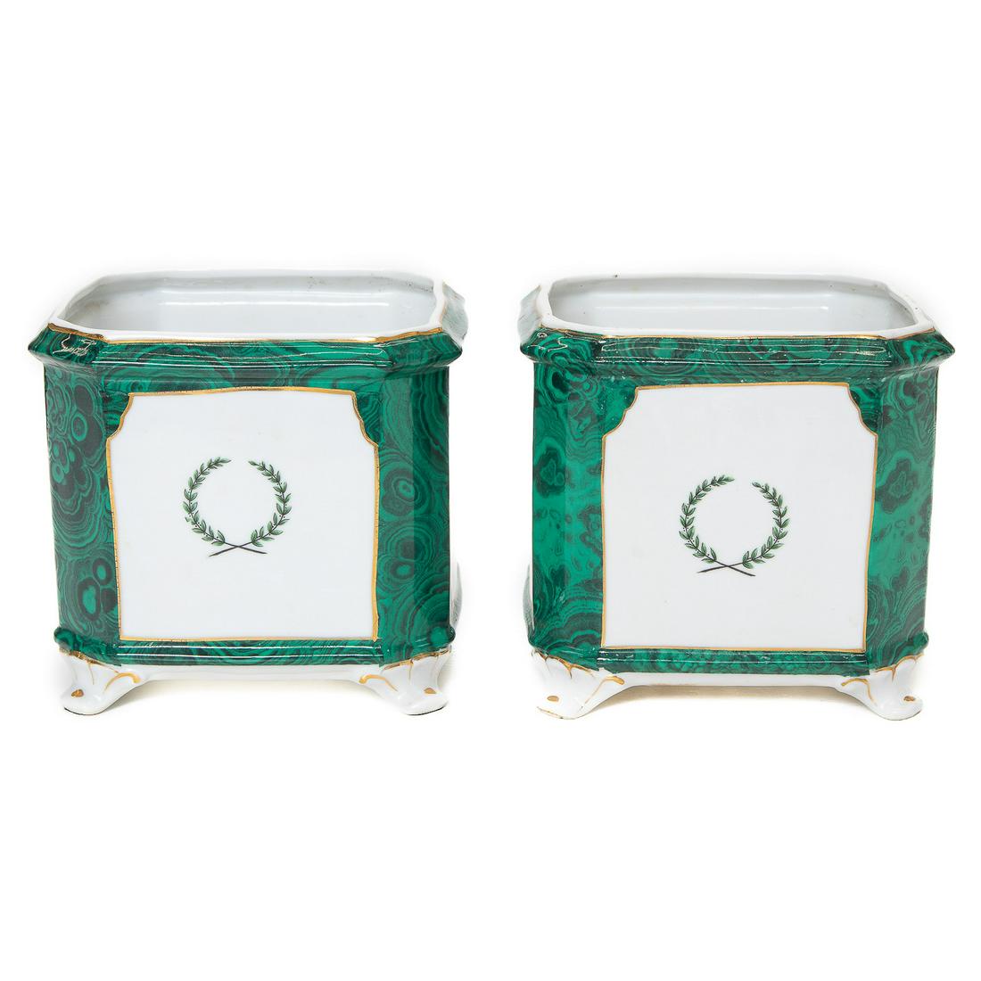 Vintage Porcelain Planters, Square in Design with Panel Laurel Wreath and Faux Malachite Decorations (1 of 4)