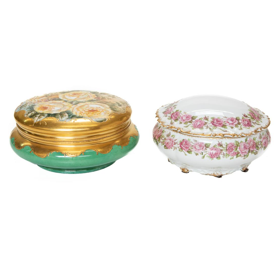 Antique Limoges Porcelain Circular Covered Powder Boxes, Two Total, C. 1920 (1 of 7)