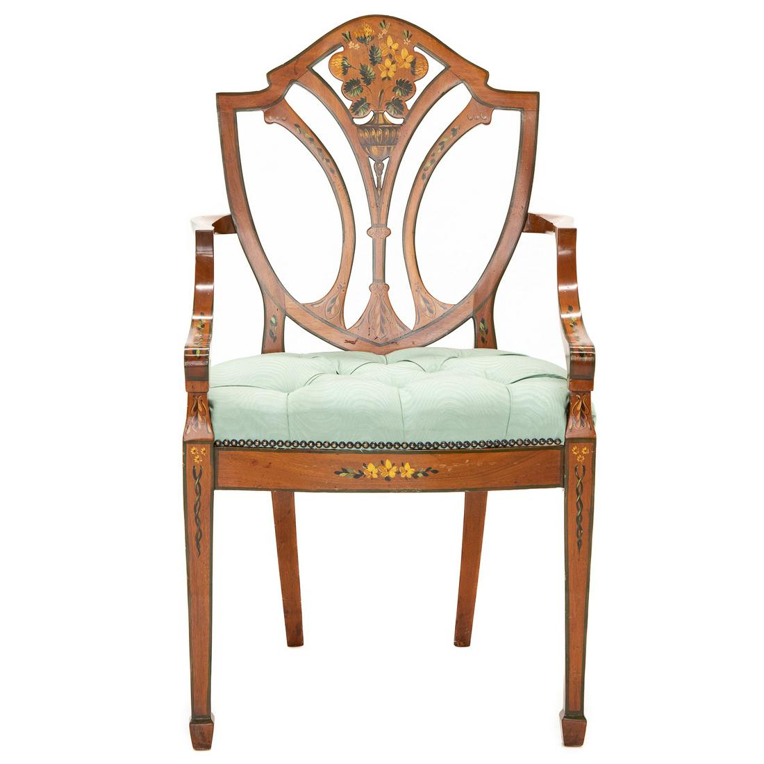 Vintage George III Style Polychrome Decorated Satinwood Open Armchair (1 of 6)