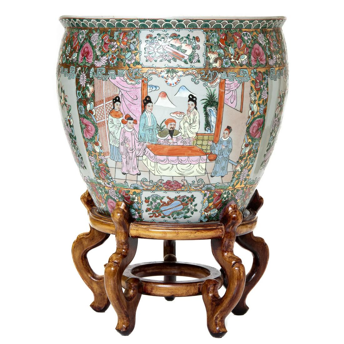 Vintage Rose Medallion Porcelain Fish Bowl with Panel Scenery of Multi-Color Figures and Flowers: Vintage Rose Medallion Porcelain Fish Bowl with Panel Scenery of Multi-Color Figures and Flowers, Interior Painted Details, and Resting on a Shaped Wooden Stand. 16" Diameter, 21" High. Bowl is 14" Hi