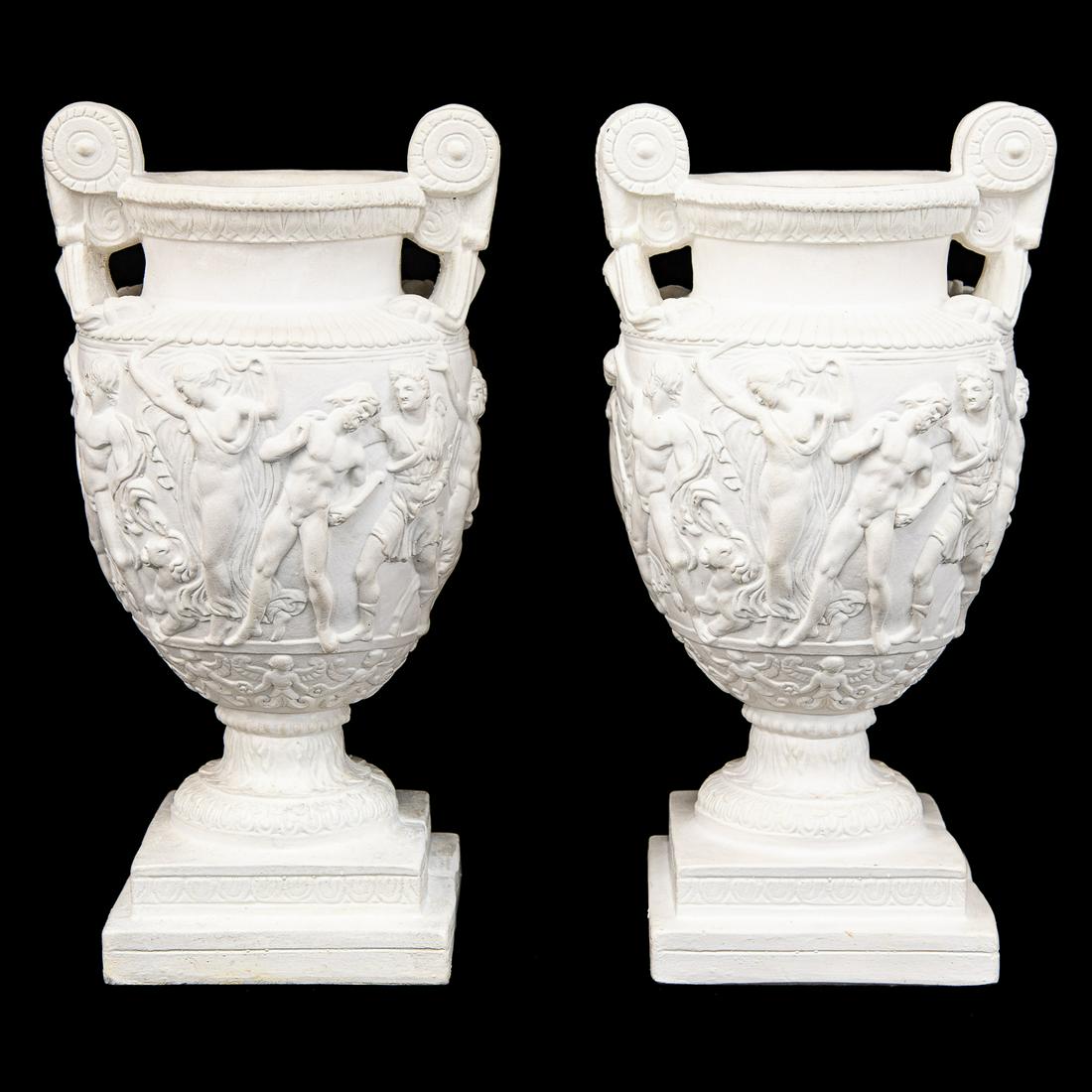 Vintage Neoclassical Blanc De Chene Cast Stone Vases with Embossed Roman Figures (1 of 5)