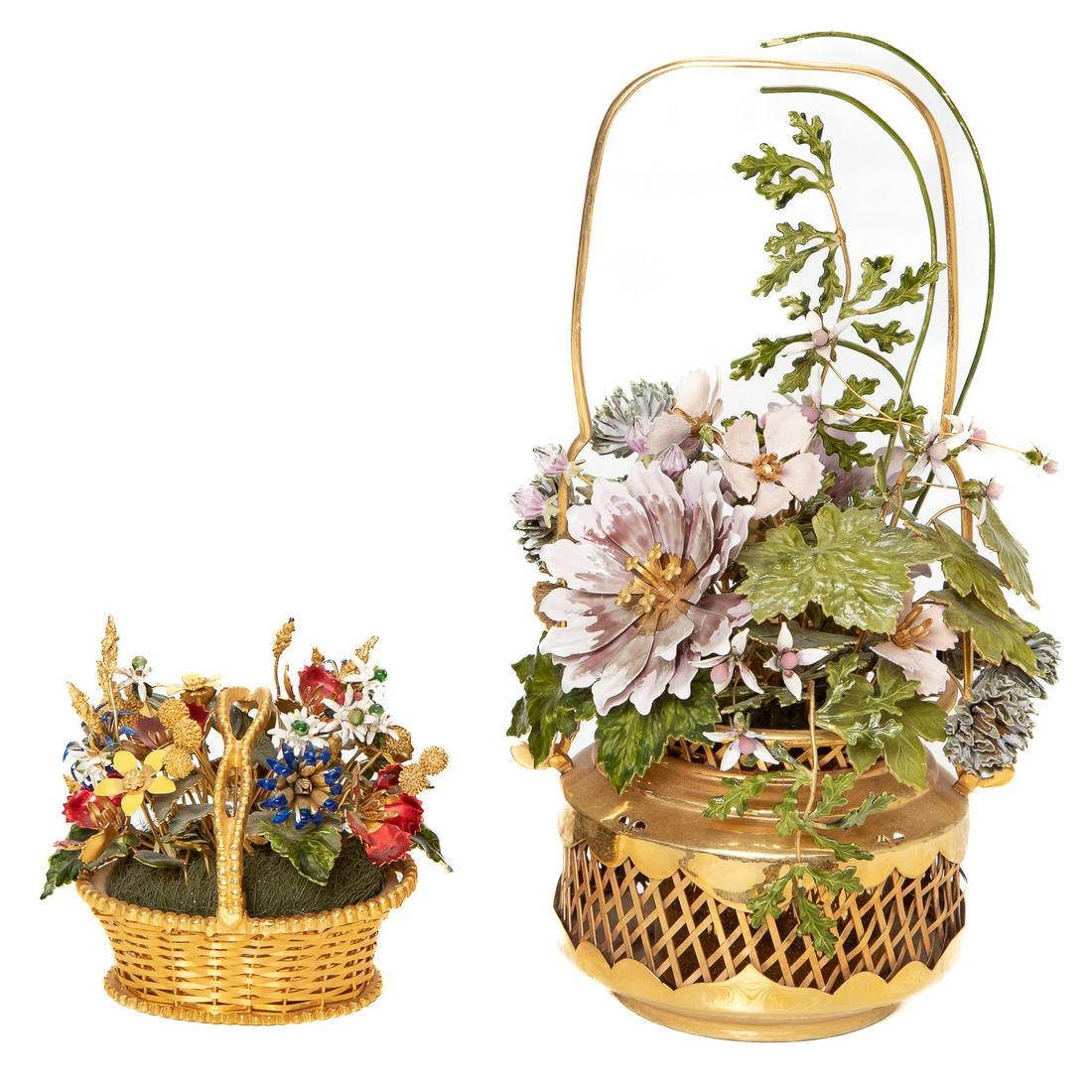 Vintage Enamel Floral Arrangements in Gilt Bronze Baskets, Two Pieces (1 of 6)