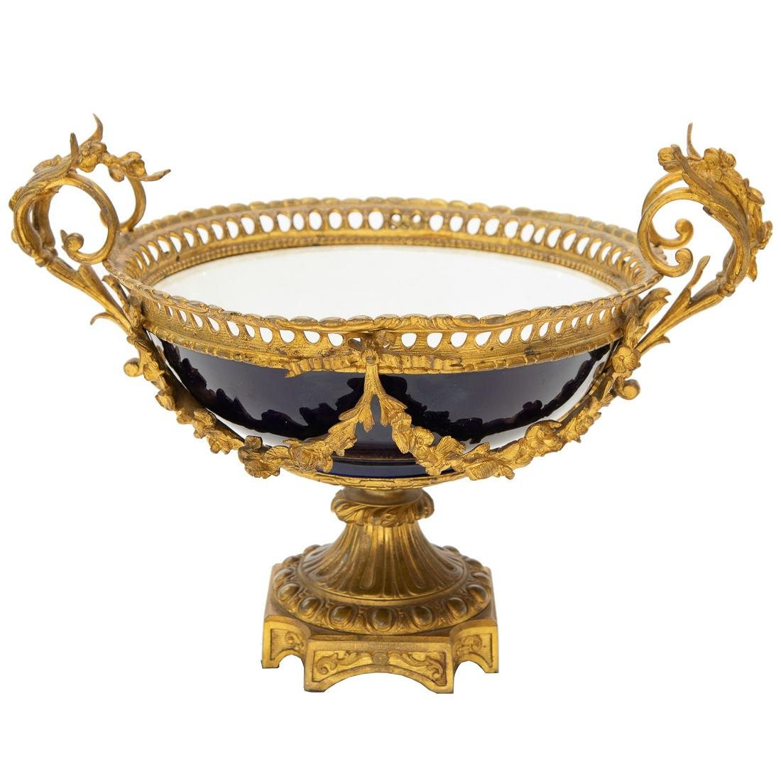 Vintage Sevres Style Porcelain Centerpiece, Cobalt Blue Bowl with Pierced Gilt Bronze Edge (1 of 5)