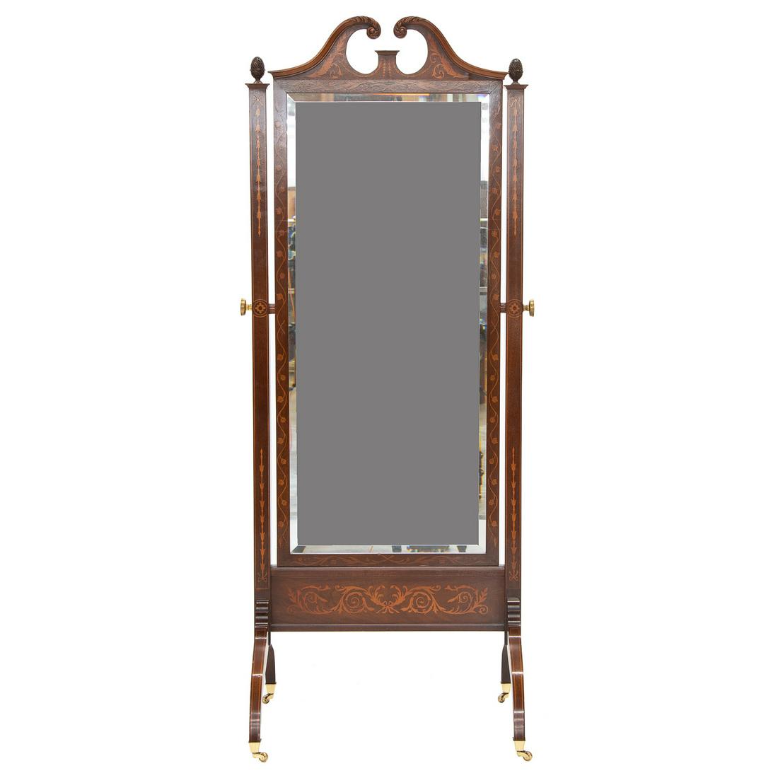 English Mahogany Cheval Mirror with Satinwood Inlaid Bellflower and Floral Design (1 of 6)