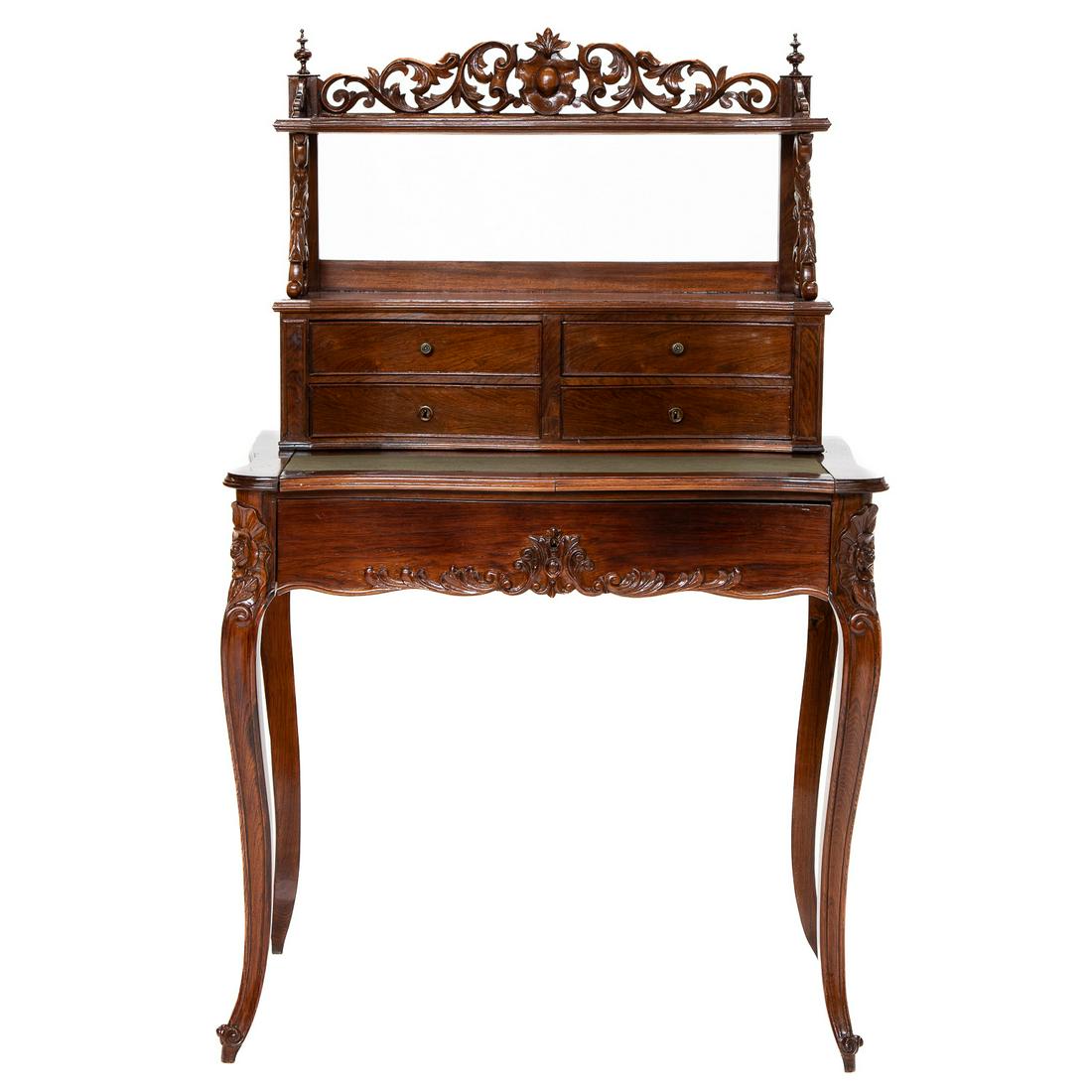Antique Rosewood Writing Desk Having Step Up Back Gallery with Carved Scroll and Shield Cornice, C. (1 of 9)