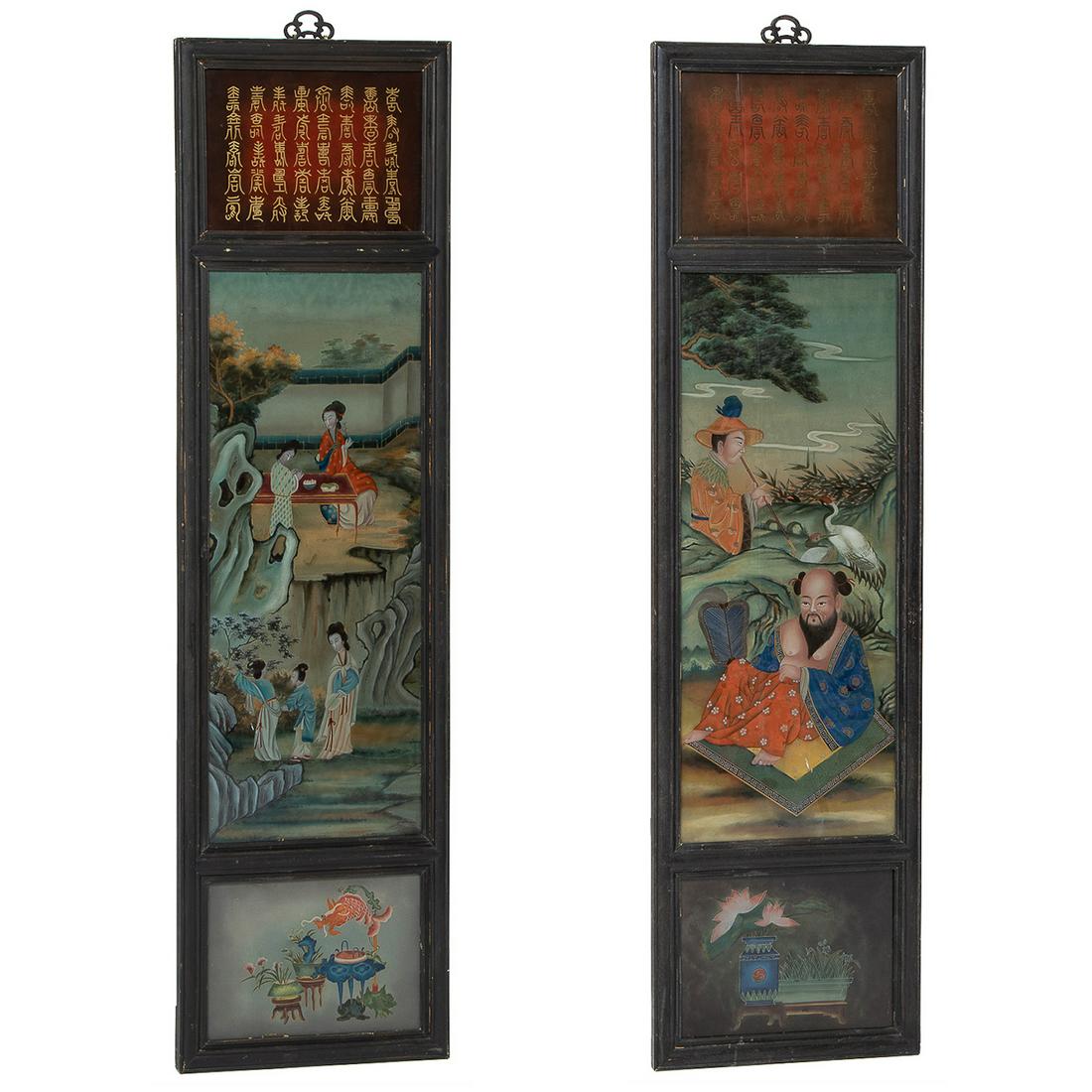 Antique Oriental Framed Panels, Reverse Painting on Glass with Oriental Writings on Top Panels, C. (1 of 11)