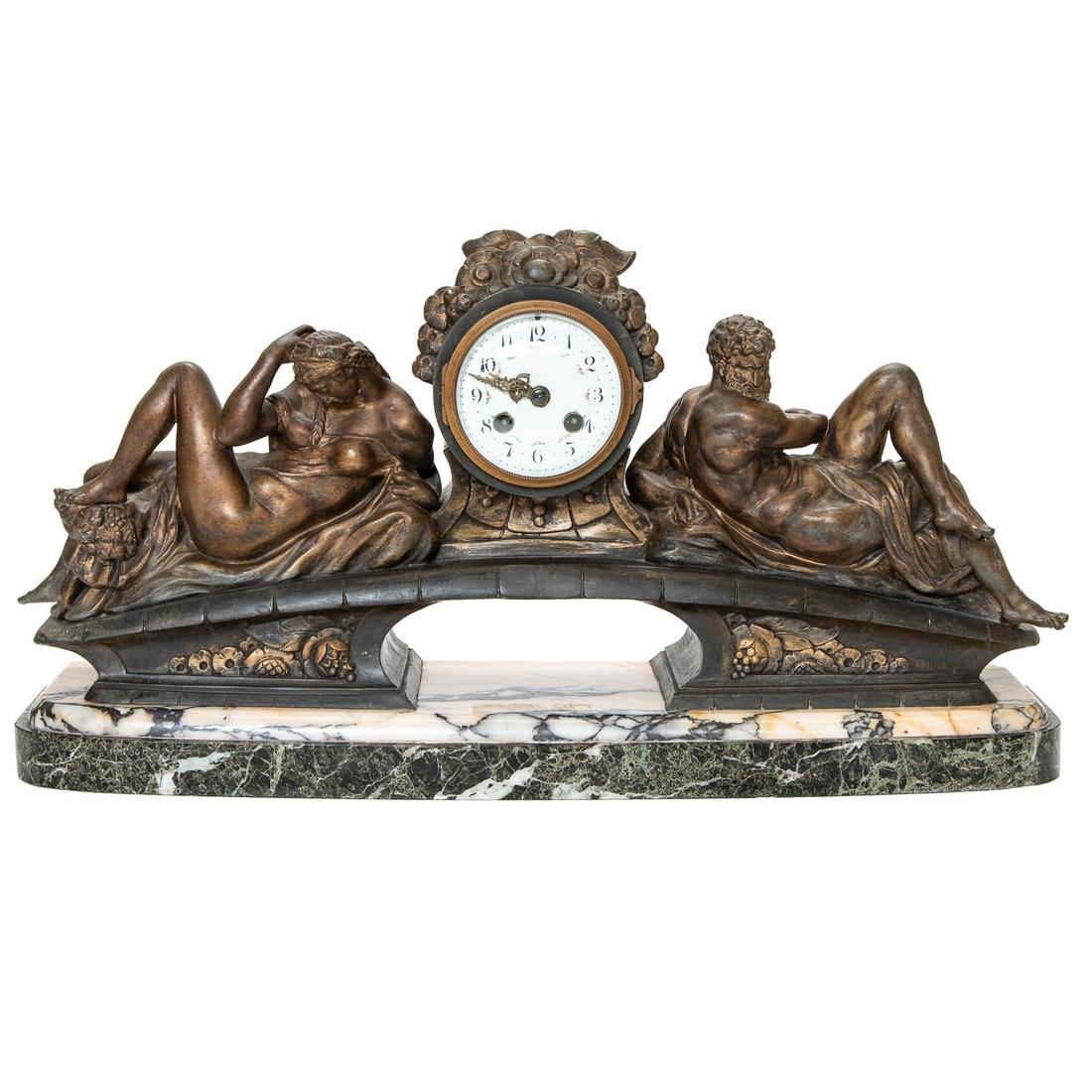 19th C. French Mantle Clock (Made in Paris, France) with Nude Spelter Figures, C. 1880: 19th C. French Mantle Clock (Made in Paris, France) with Nude Spelter Figures of a Man and Lady Flanking the Centrally Located Enamel Clock Face Draped in Spelter Flowers, C. 1880. The Clock is Restin