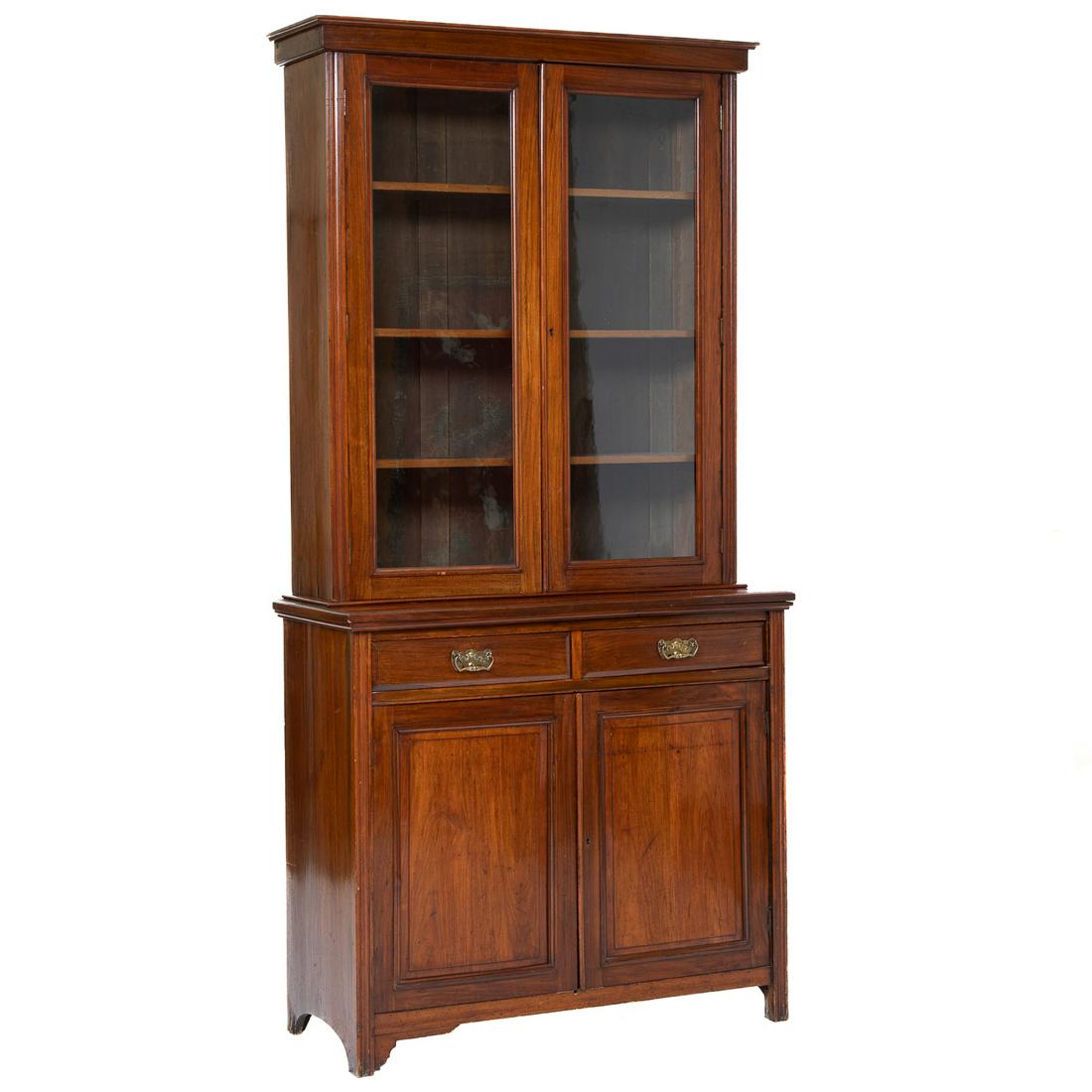 19th C. English Mahogany Bookcase Having Moulded Crown, Two Glass Panel Doors, and Base, C. 1880 (1 of 6)