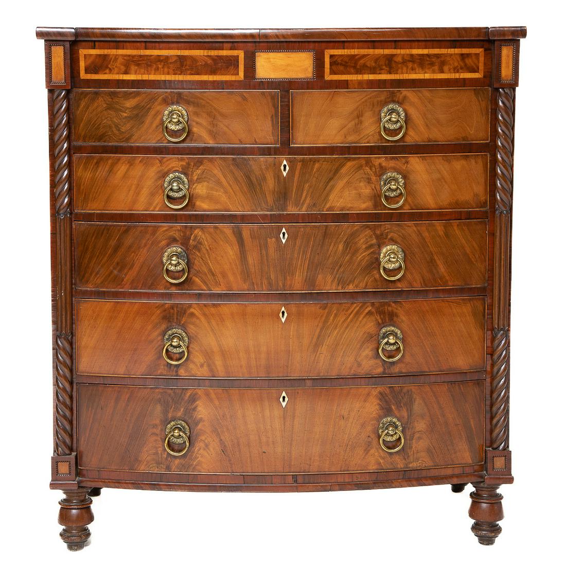 19th C. Scottish Inlaid Mahogany Bow Front Chest of Drawers, C. 1840-1850 (1 of 8)