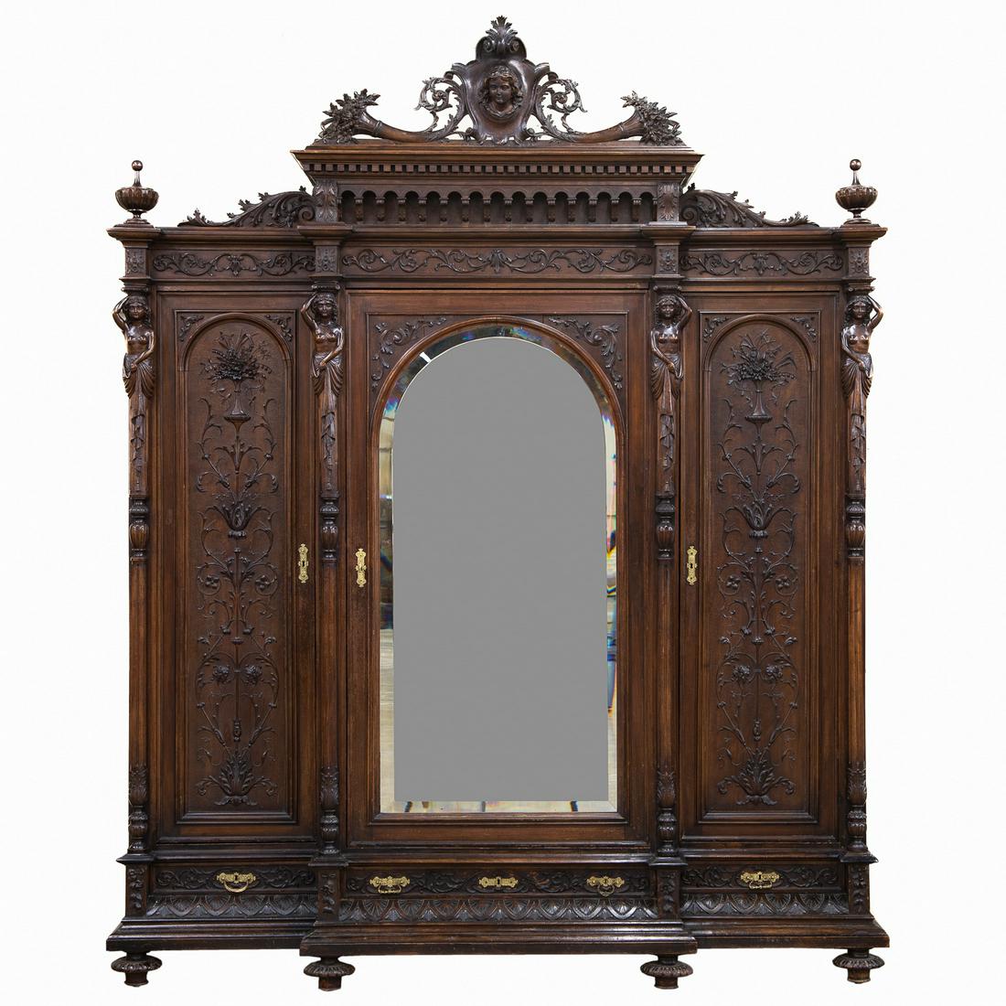 19th C. French Renaissance Walnut Large Armoire Having Three Doors and Three Drawers, C. 1870-1880 (1 of 7)
