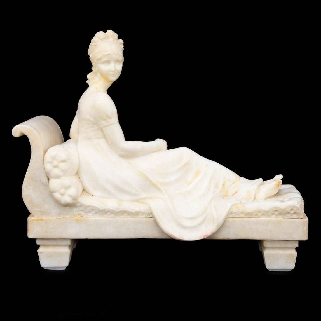 Signed Carrara Marble Neoclassical Figure of a Lady, Signed G. Cipriani: Signed Carrara Marble Neoclassical Figure of a Lady, Signed G. Cipriani, in Flowing Robe Seated on a Chaise Lounge with Roll Over Back and Tufted Seat Having Two Cushions Behind Her Back. 16" Wide, 6"