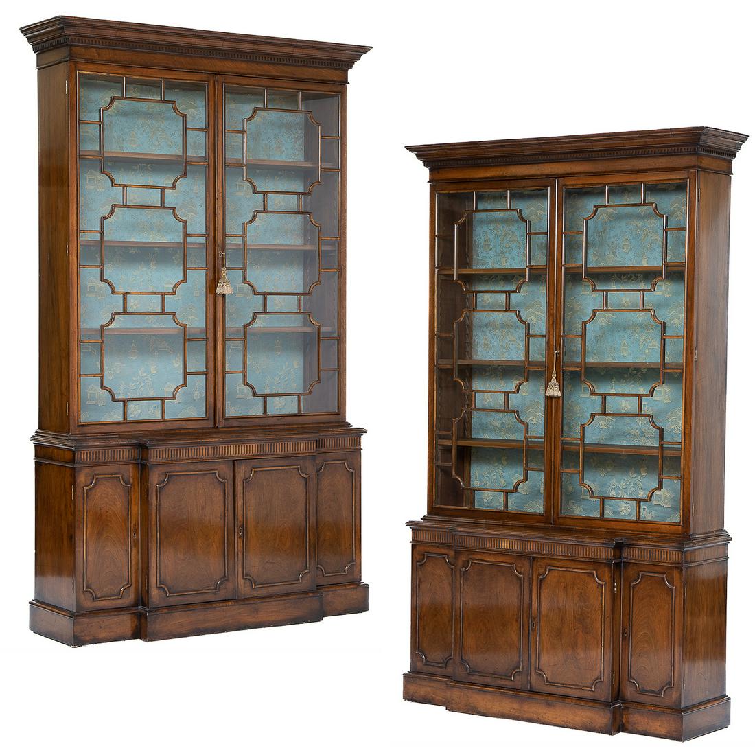 19th C. English Walnut Breakfront Bookcases, Pair, Having Dentil Crown Moulding, C. 1890-1900 (1 of 13)