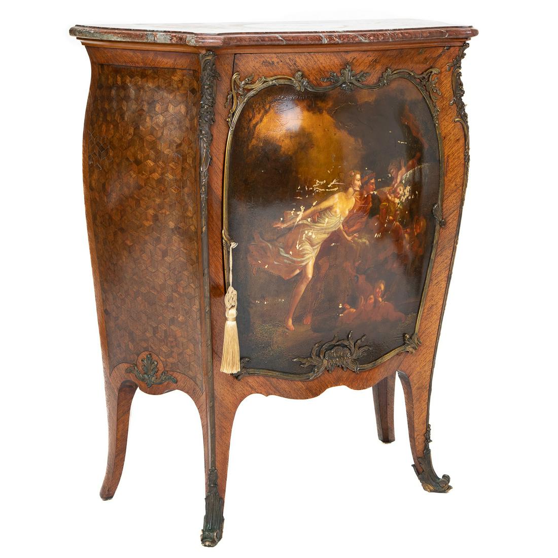 19th C. Louis XV Style Kingswood Marble Top Bombe Cabinet with Vernis Martin Painted Front, C. 1880: 19th C. Louis XV Style Kingswood Marble Top Bombe Cabinet with Vernis Martin Painted Front of Robed Man and Lady with Cherubs Having Gilt Bronze Mount Frame, Sides are Parquetry Inlaid, Bronze Center