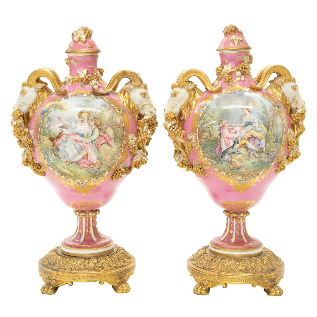 19th C. French Sevres Porcelain Urns, Pair, C. 1880 (1 of 8)