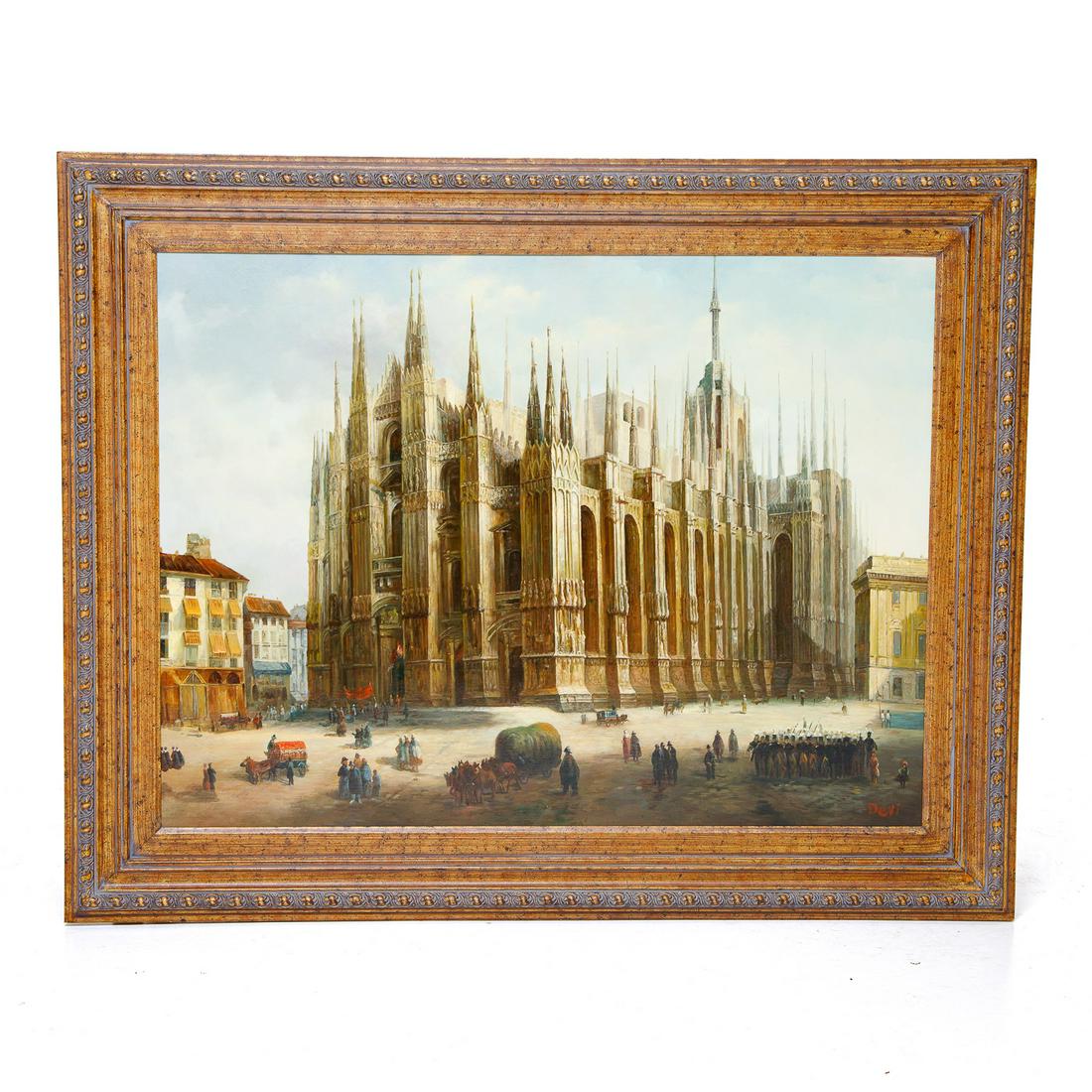 Antique Signed Cathedral Landscape Painting, Oil on Canvas, C. 1910-1920 (1 of 4)