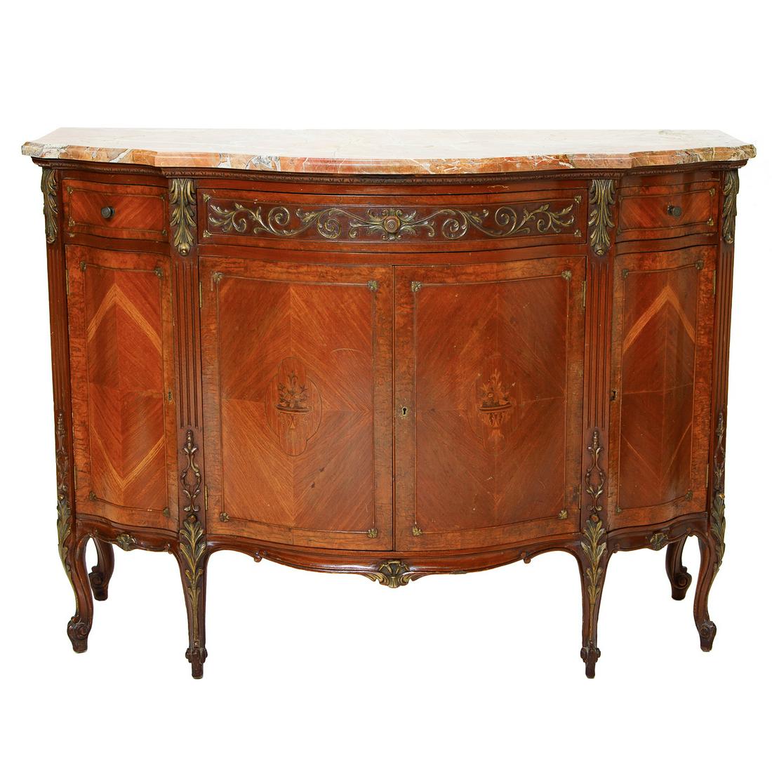 Antique Transitional Louis XV Style Walnut, Mahogany and Kingswood Marble Top Credenza, C. 1920-1930 (1 of 9)