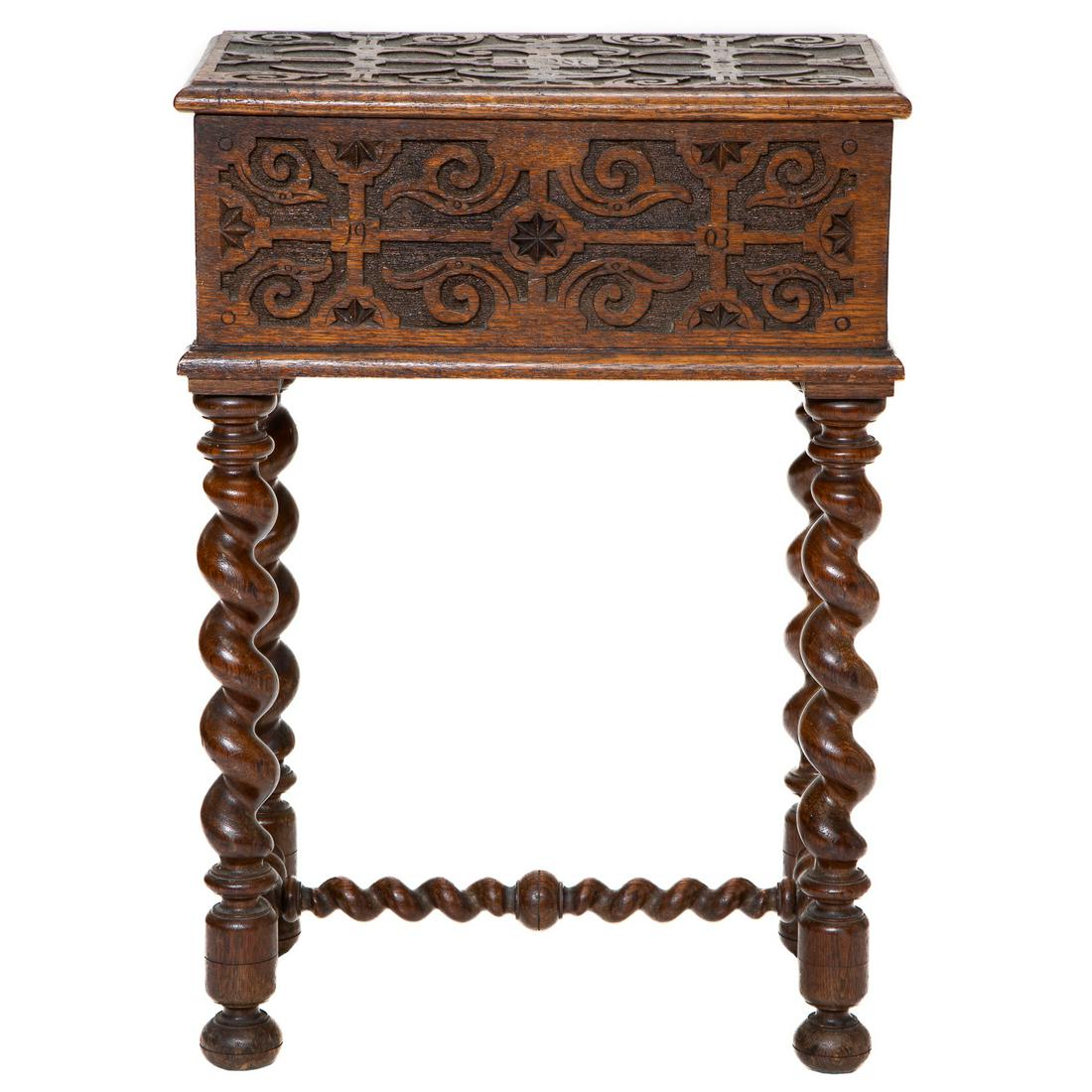 Antique English Oak Book Box on Stand with Star and Scroll Carving in Relief, Dated 1903 (1 of 7)