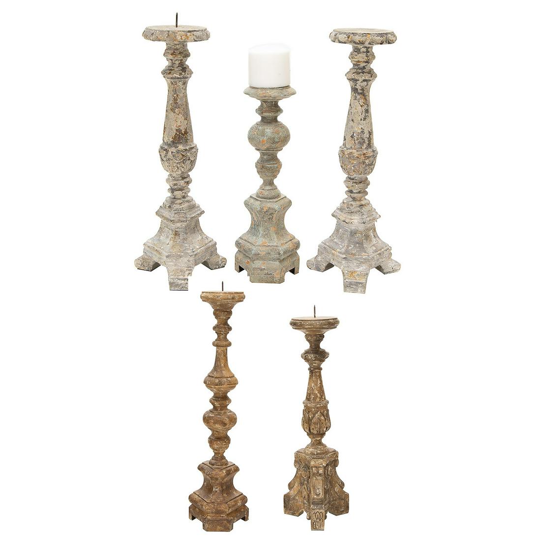 Vintage Carved Wood Candle Holders with Traditional Columns and Crackle Finish, Group of Five (1 of 3)
