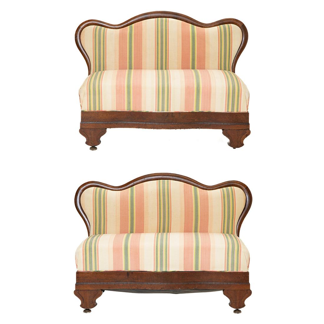 19th C. Victorian Mahogany Settees, Pair, C. 1890: 19th C. Victorian Mahogany Settees, Pair, with Serpentine Shaped Backs, Shield Feet with Carved Trim at the Base, and Having Relevance Striped Upholstered Seats and Backs, C. 1890. 46" Wide, 22" Deep,