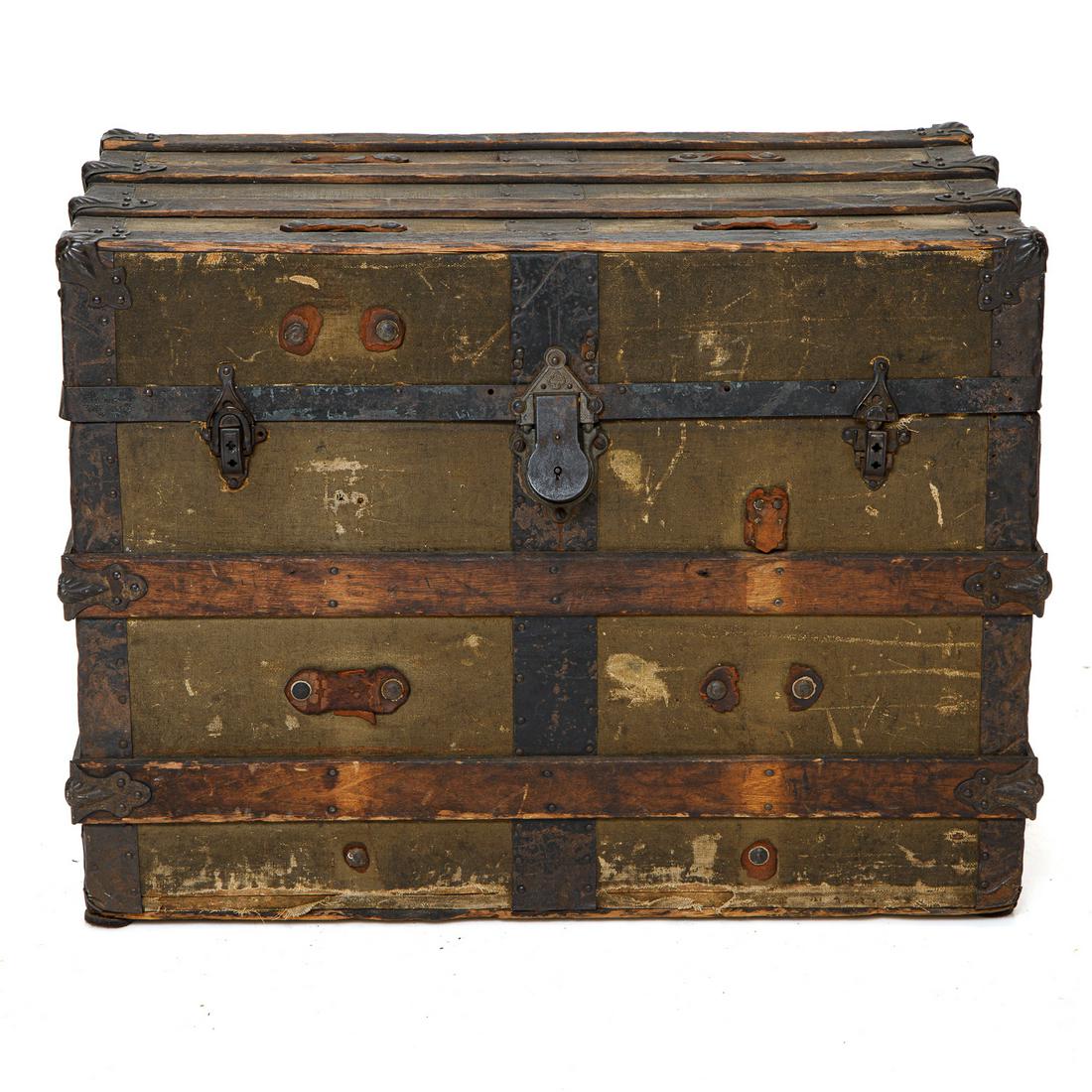 Vintage Travel Trunk with Wooden Slats, Metal Bindings and Canvas Body (1 of 7)