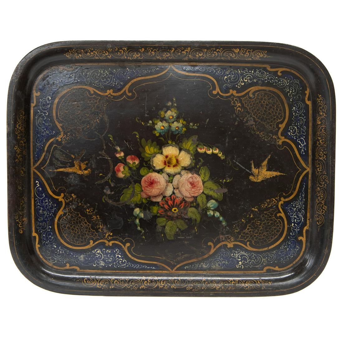19th C. Black Lacquered Tole Tray with Multi-Color Floral Painted Decorations, C. 1890-1900 (1 of 4)