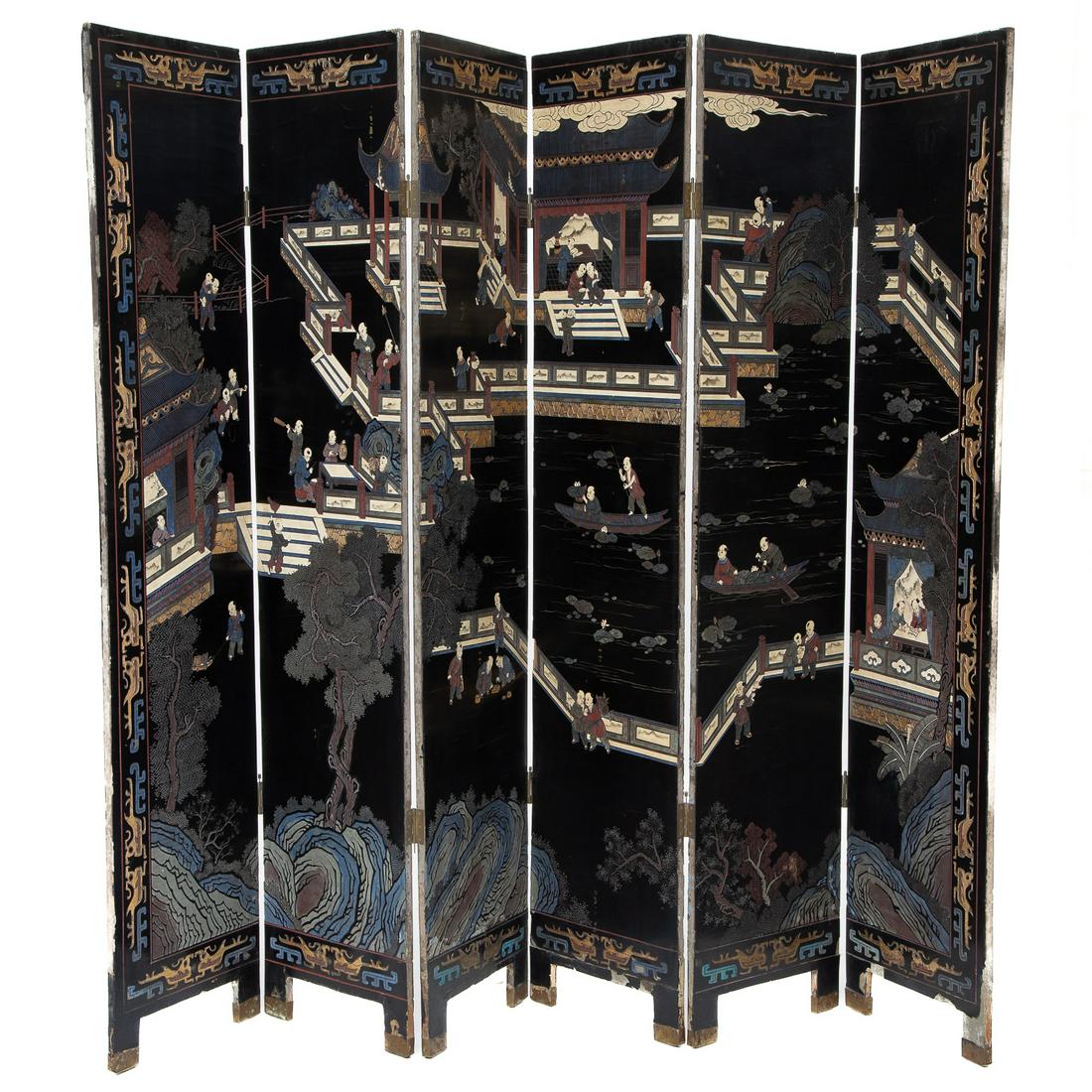 Antique Chinese Coromandel Black Lacquered Six Panel Screen, C. 1900-1920 (1 of 5)