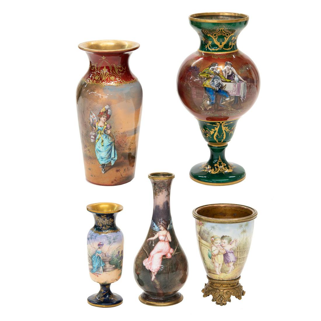 Collection of Enamel on Brass Cabinet Vases, Five Total: Collection of Enamel on Brass Cabinet Vases, Five Total, with Figural and Scenic Decorations on Each Highlighted with Gilt Accents. Two are Signed, One M. Rip, the Other A. Gossart. 9" To 5" High