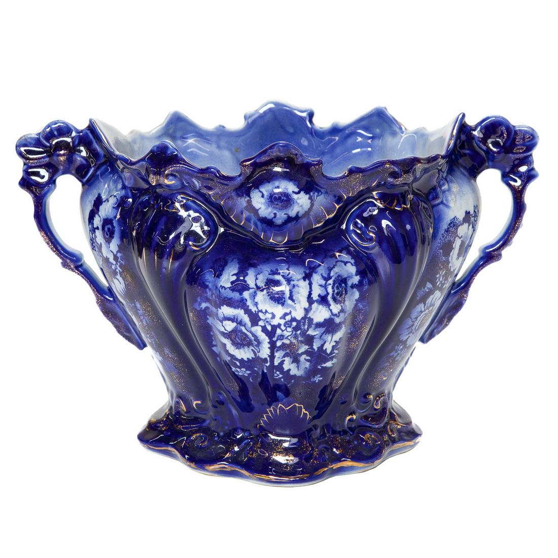 Antique W.W.R. and Company Staffordshire Porcelain Planter, C. 1920-1930: Antique W.W.R. and Company Staffordshire Porcelain Planter with Cobalt Blue Background and Gold Accents, Scalloped Top Rim, Shaped Double Handles, and Having Floral Design, C. 1920-1930. Striking Shap