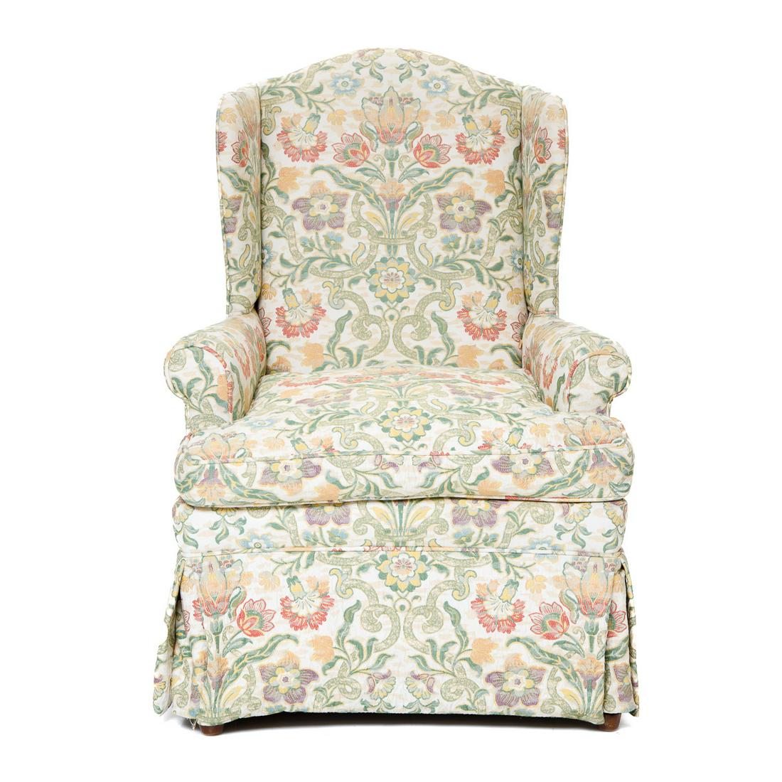 Vintage Upholstered Wing Chair Having Vibrant Floral Upholstery with Skirt (1 of 5)