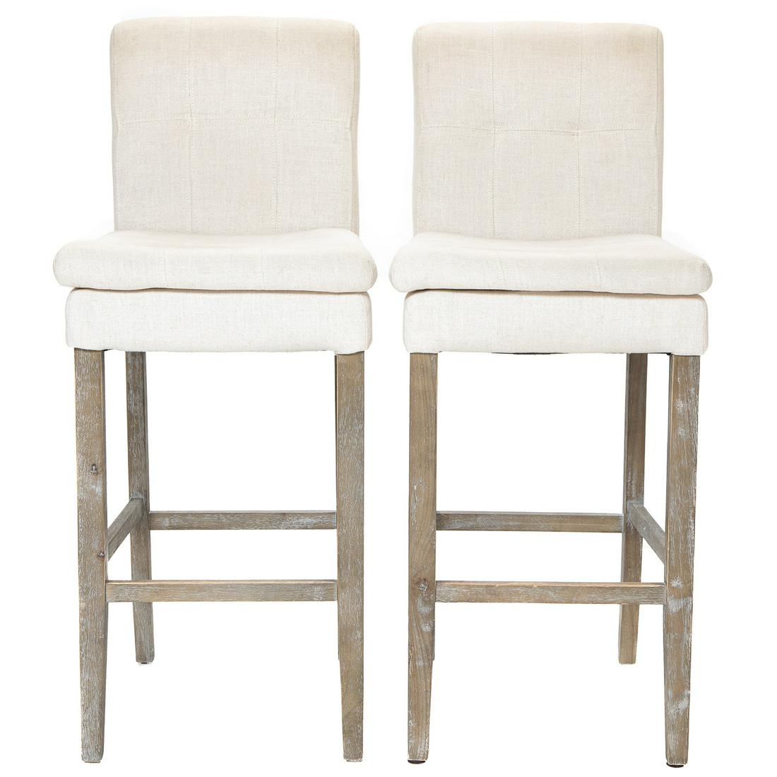 Gray Washed Bar Stools, Pair, with Cream Upholstered Backs and Seats (1 of 5)